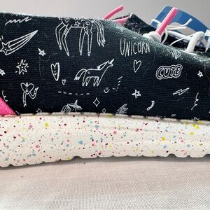 Hey Dude Black and Pink Unicorn Shoes 6 Y